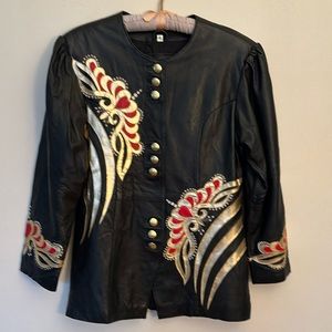 VINTAGE Black Leather Jacket INCREDIBLE Piece FLAWLESS Condition Gold/Red sz S